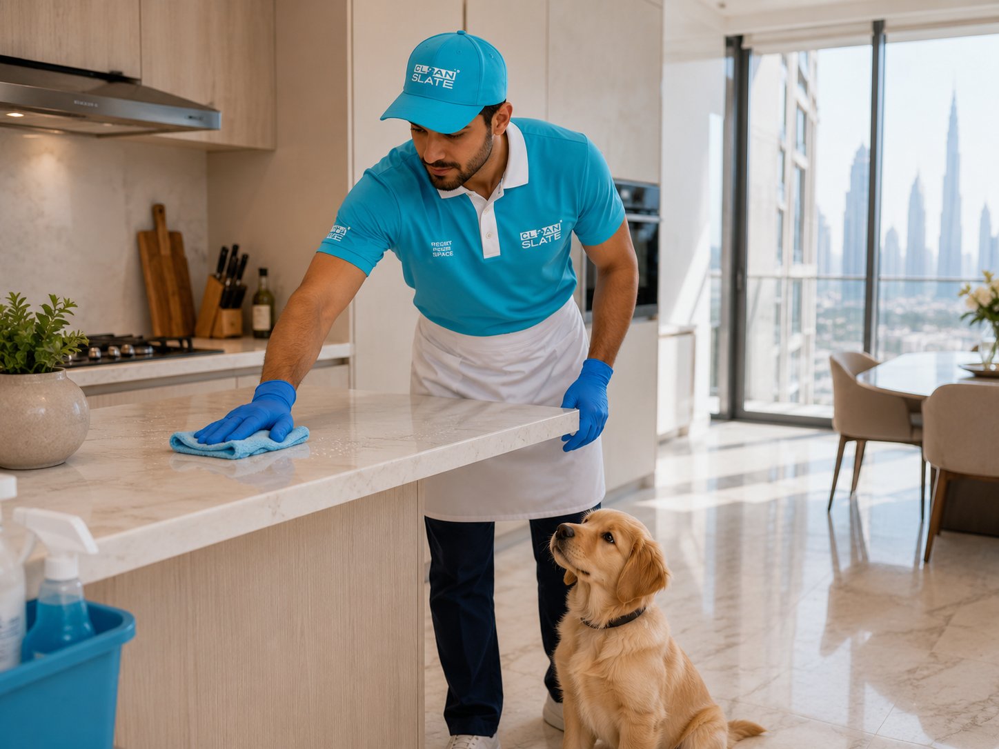 CleanSlate male cleaner wiping kitchen counter with golden retriever puppy nearby